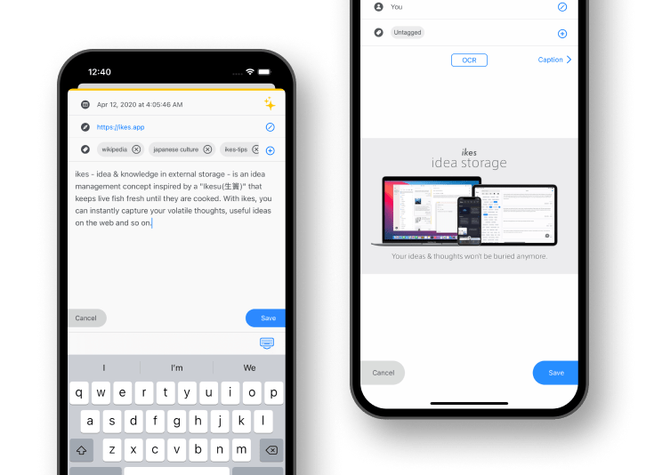 Screenshots of Ikes showing text and image add view.